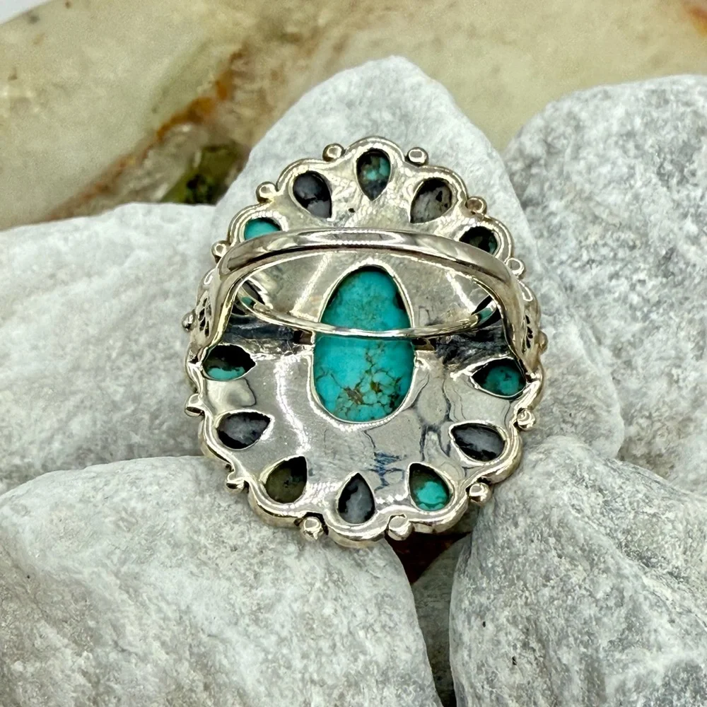 NWT Sierra Nevada Turquoise & White Buffalo Halo Ring 12.90ctw Sterling Silver 8